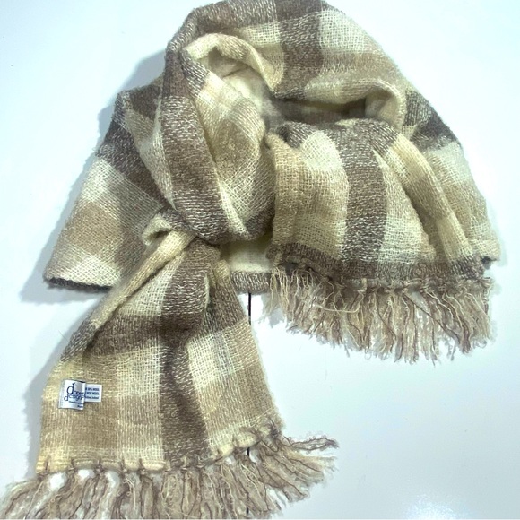Doneyal Design Handcrafted Natural Fabrics Tan Plaid Mohair Wool Scarf Shawl - Picture 2 of 12
